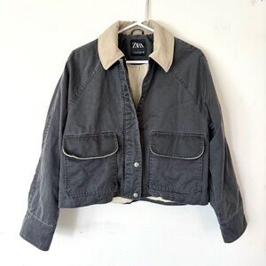 ZARA Gray Cropped Barn Waxed Corduroy Collar Zip/Button Jacket - XS